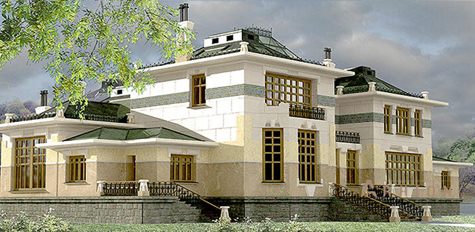 3. Проект двухэтажного дома в дворцовом стиле с многоскатной кровлей, SOV-4, площадью - 1040 кв c цокольным этажом, сауной, балконом, бассейном, эркером